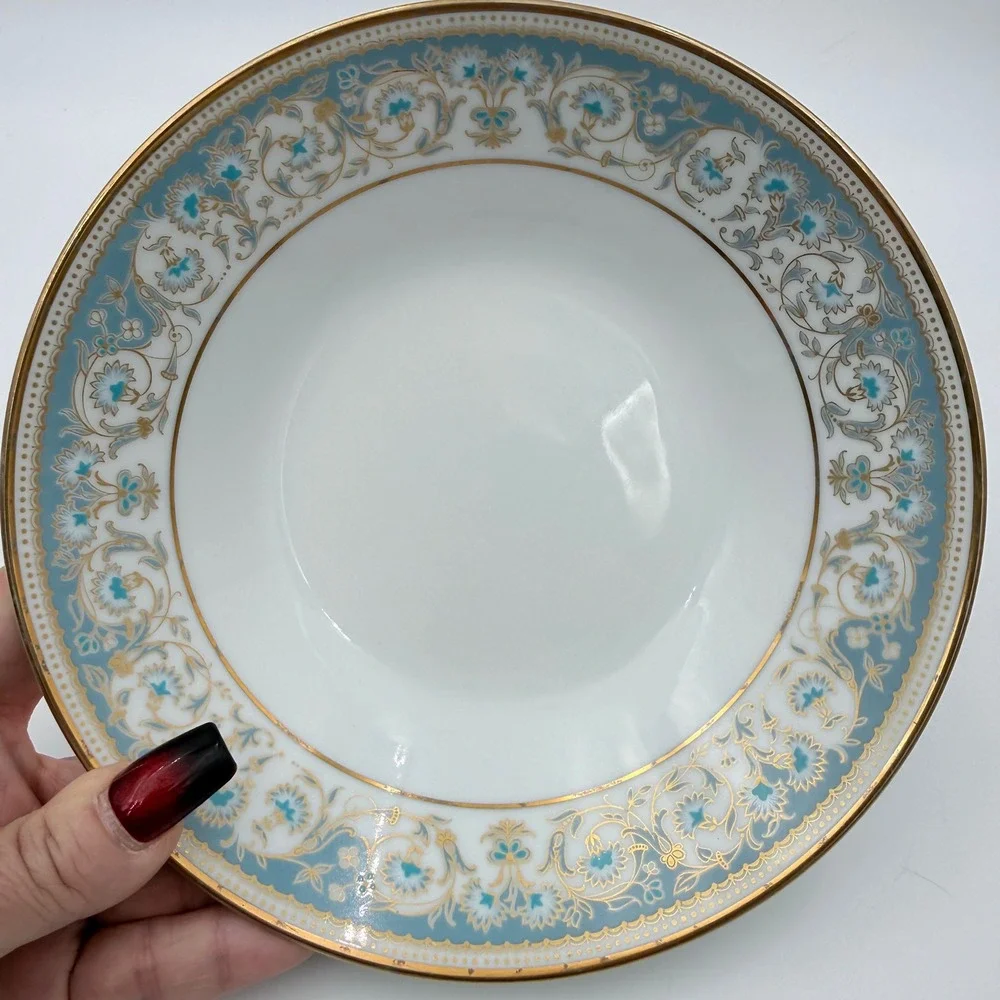 Noritake Polonaise 2045‎ Rim Soup Bowl Blue Gold Floral Japan 8